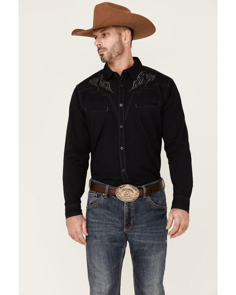 Moonshine Spriit Men's Huck Dobby Stripe Embroidered Long Sleeve Snap Western Shirt , Black, hi-res