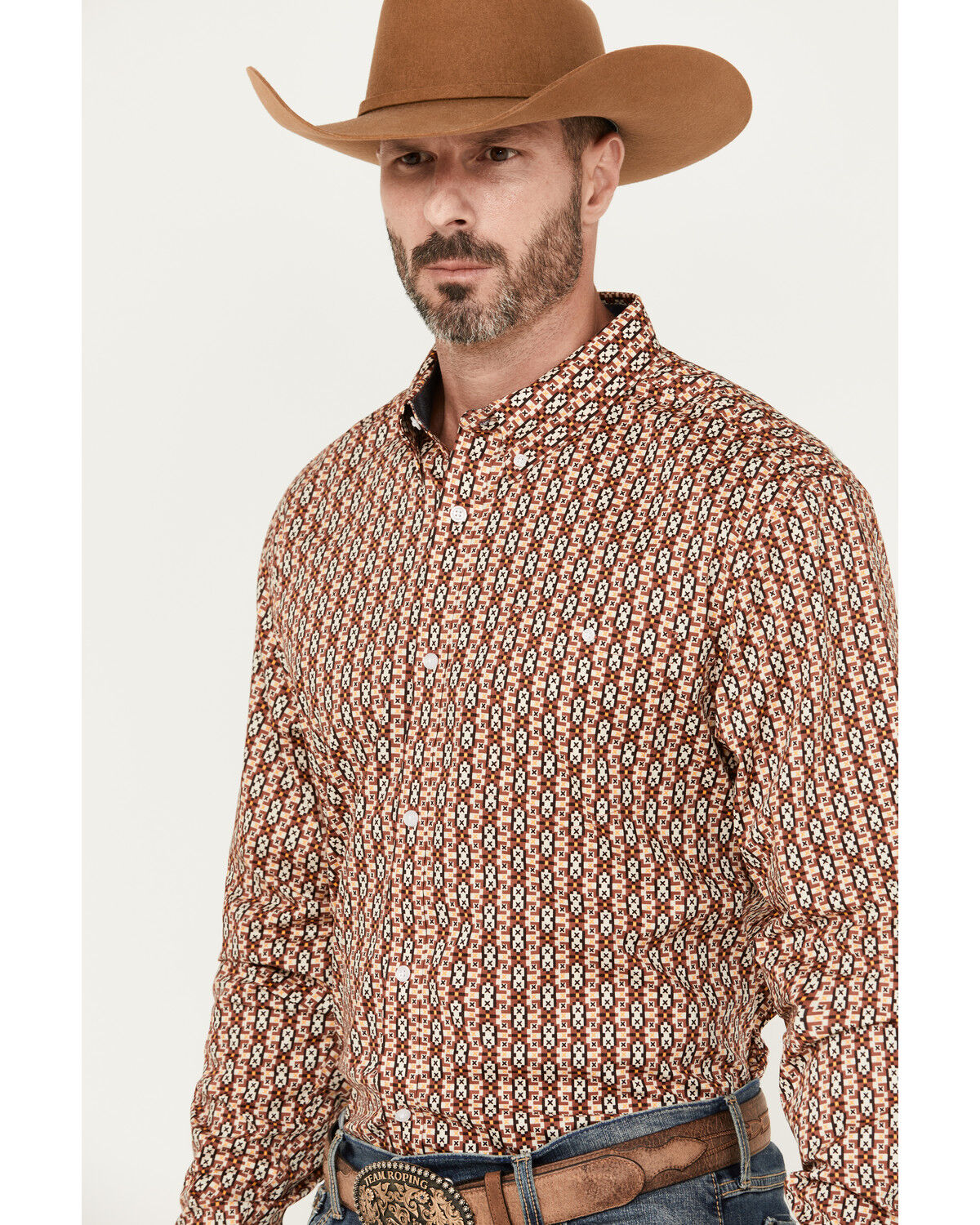 Image #2 - RANK 45® Men's Spur Printed Long Sleeve Button-Down Stretch Western Shirt, Pecan, hi-res