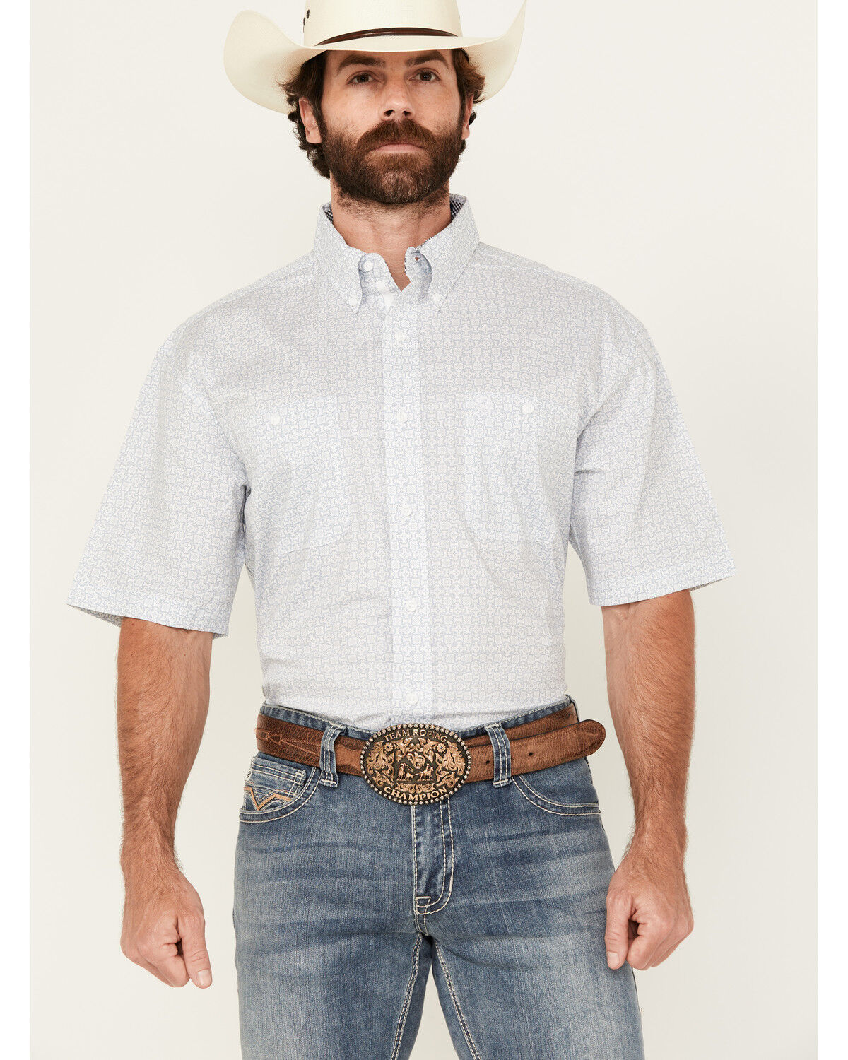 Image #1 - George Strait by Wrangler Men's Geo Print Short Sleeve Button-Down Stretch Western Shirt, White, hi-res