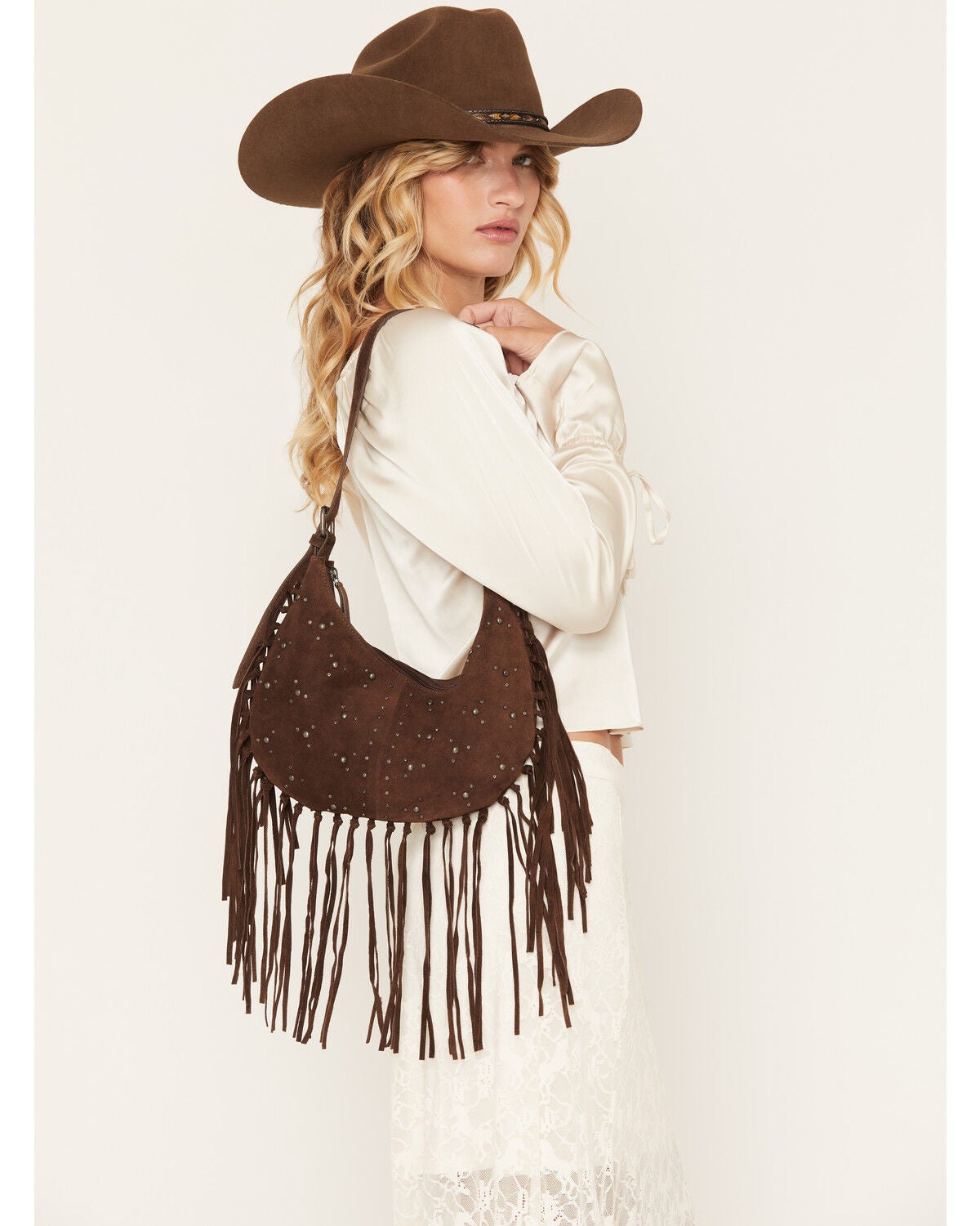 Shyanne Women's Arden Fringe Studded Suede Shoulder Bag, Brown, hi-res