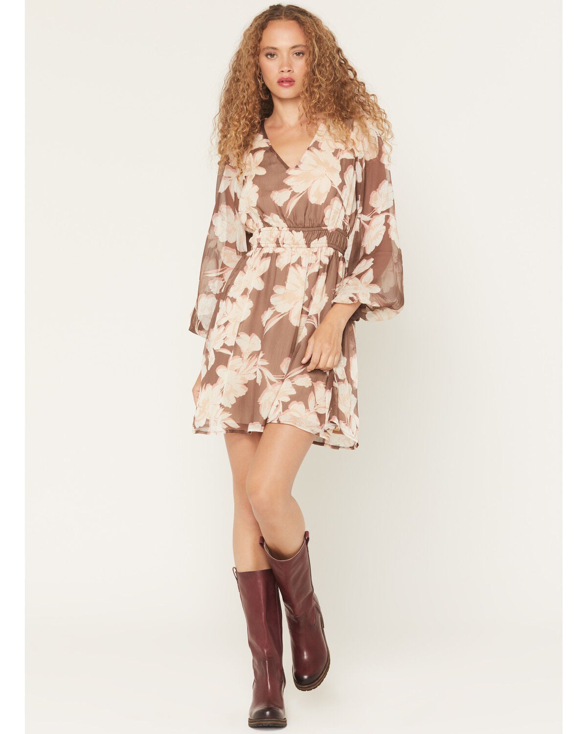 Image #1 - Shyanne Women's Floral Long Sleeve Crinkle Mini Dress, Brown, hi-res