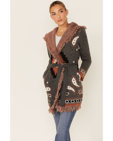 Miss Me Women's Charcoal Southwestern Pattern Hooded Cardigan Sweater, Grey, hi-res