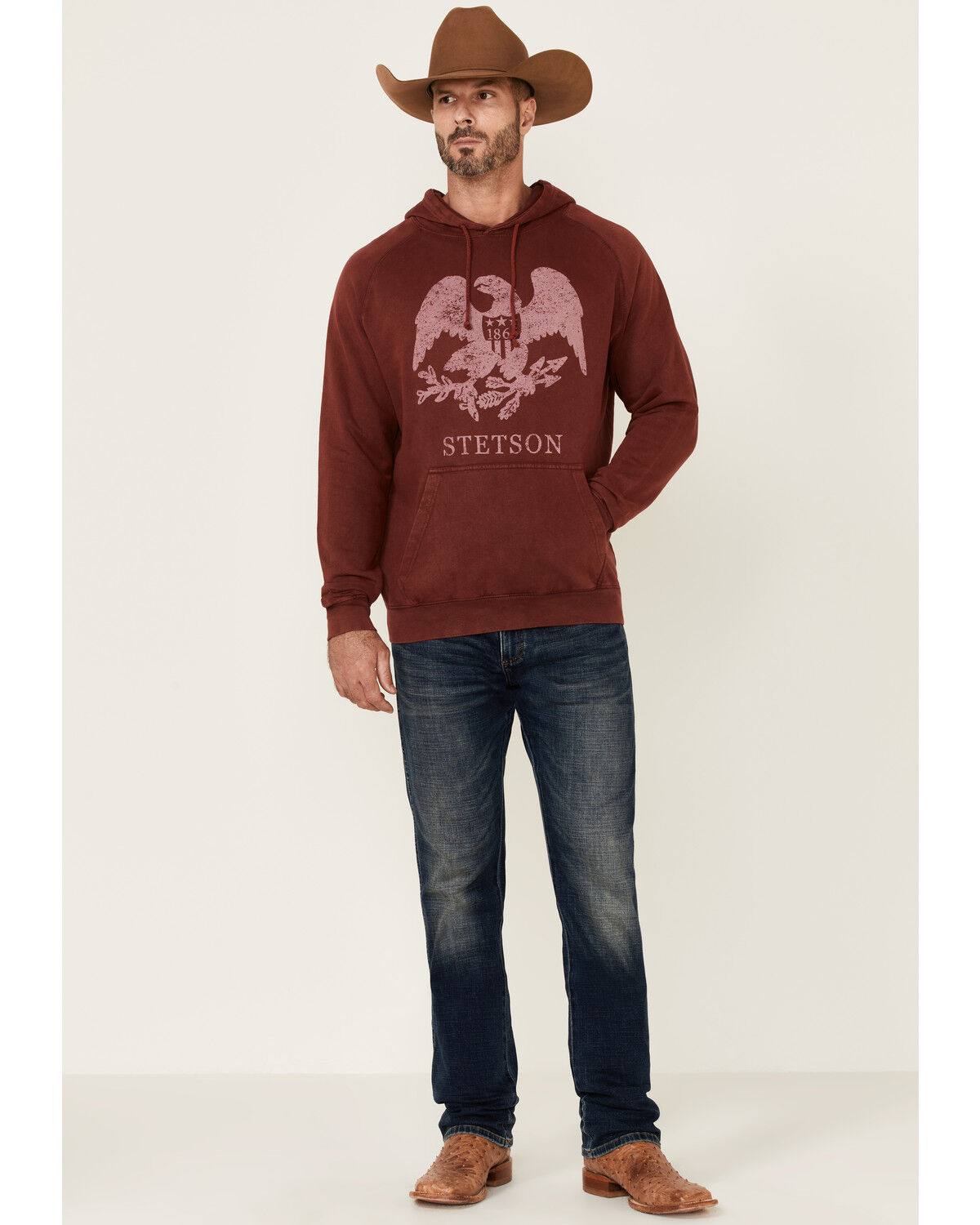 Image #2 - Stetson Men's Red Mineral Wash Distressed Eagle Graphic Hooded Sweatshirt, Blue, hi-res