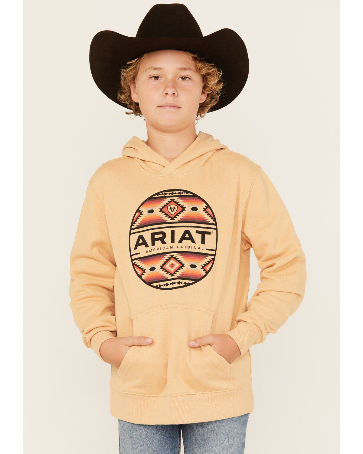 Image #1 - Ariat Boys' Boot Barn Exclusive Canyon Graphic Hooded Sweatshirt, Sand, hi-res