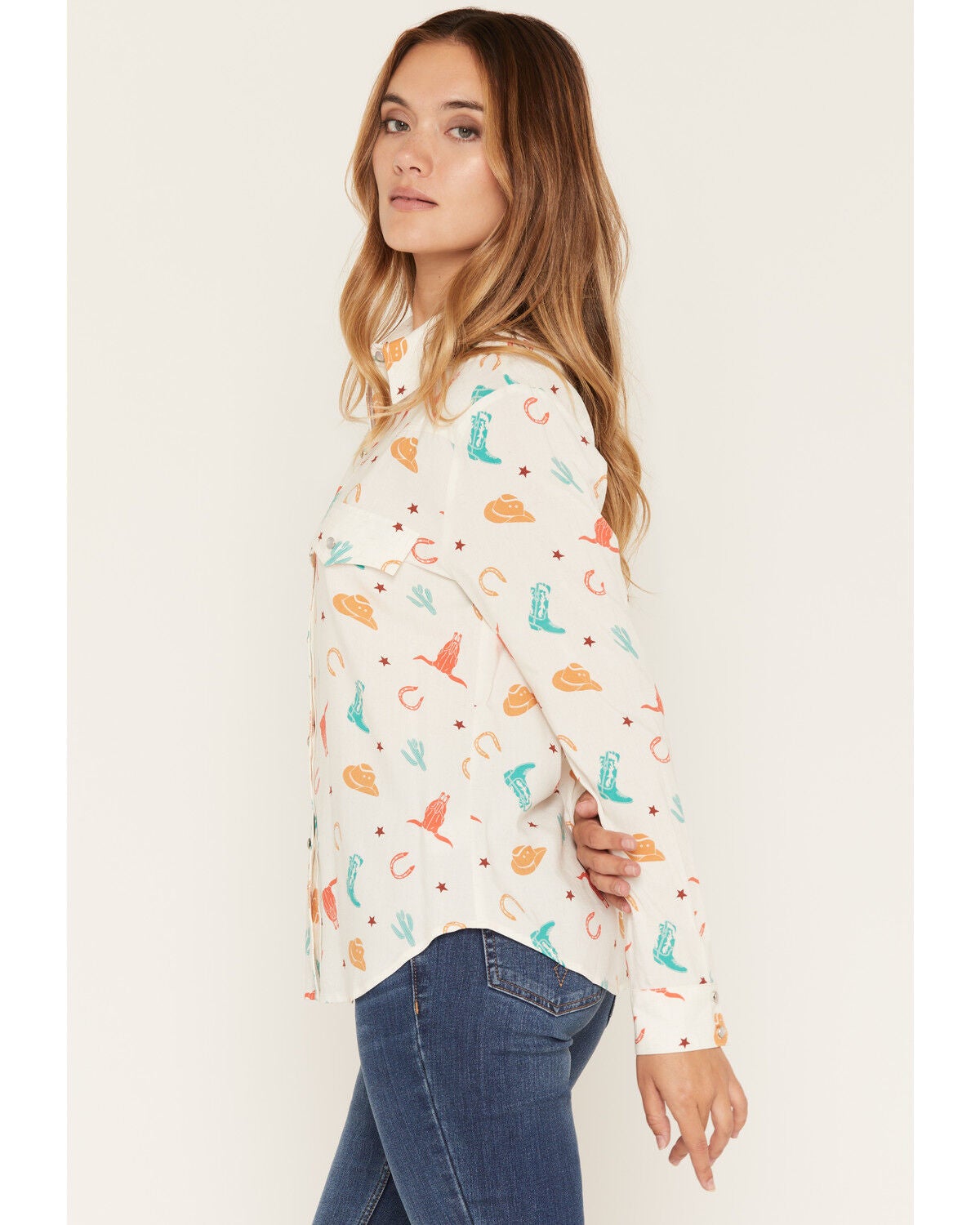 Image #2 - Olive Hill Women's Western Conversational Print Long Sleeve Pearl Button-Down Western Shirt, White, hi-res