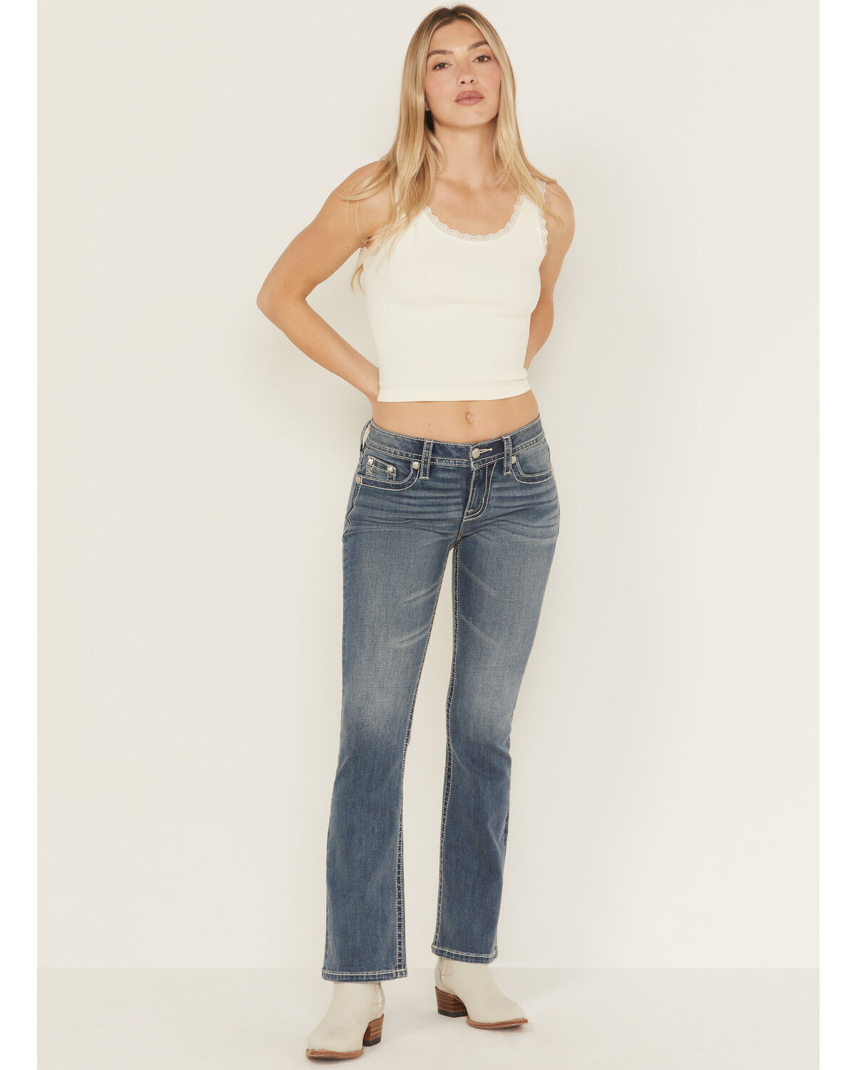 Image #3 - Miss Me Women's Medium Wash Mid Rise Floral Fleur de Lis Pocket Bootcut Stretch Denim Jeans, Medium Wash, hi-res