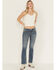 Image #3 - Miss Me Women's Medium Wash Mid Rise Floral Fleur de Lis Pocket Bootcut Stretch Denim Jeans, Medium Wash, hi-res