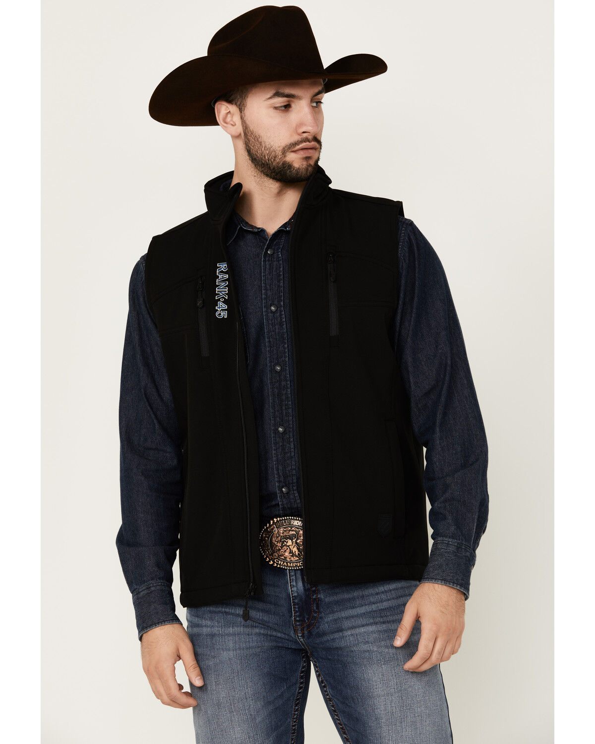 Image #1 - RANK 45® Men's Ralington Embroidered Softshell Vest, Black, hi-res