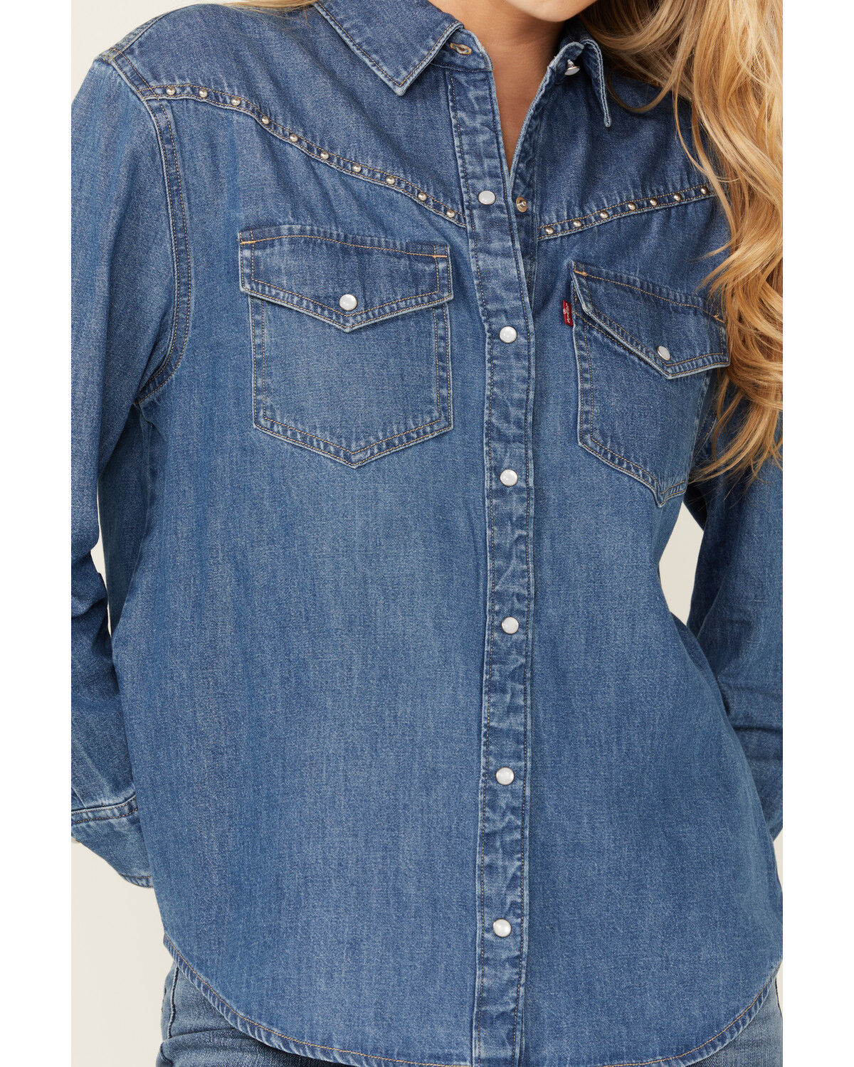 Image #3 - Levi's Women's Dark Medium Wash Sawyer Western Denim Studded Shirt, Dark Wash, hi-res