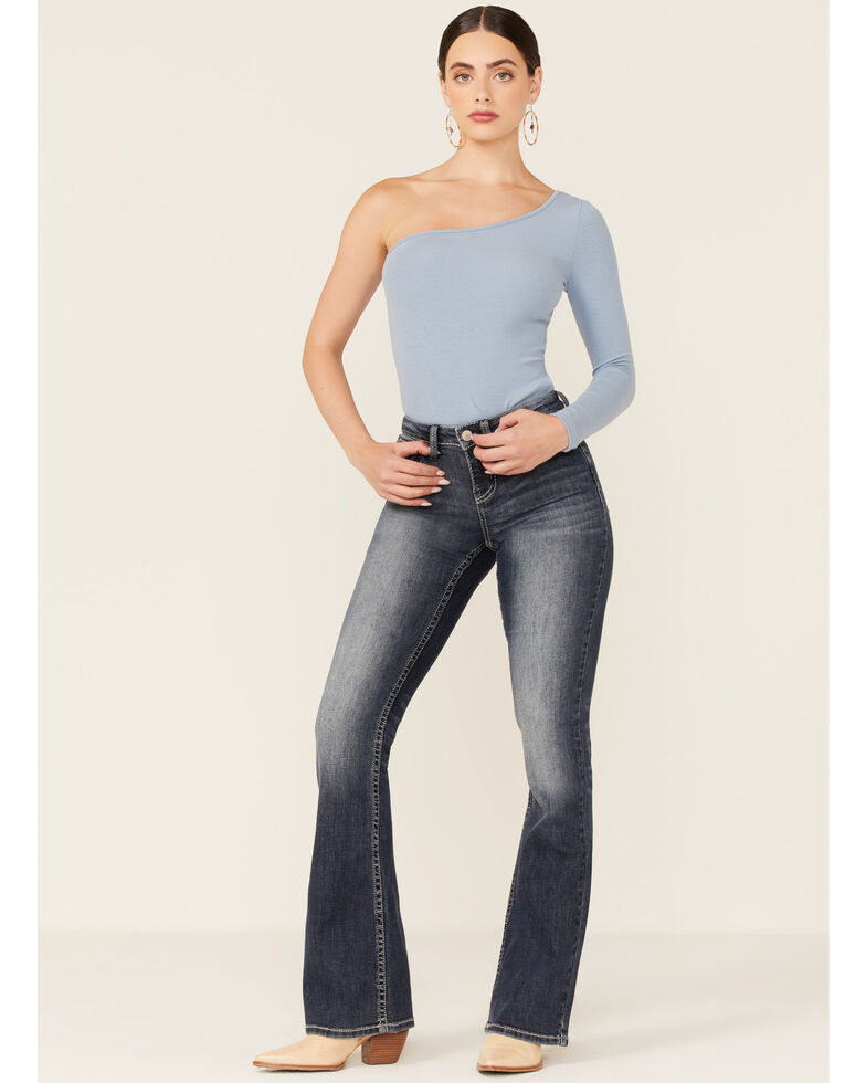Shyanne Women's Dark Wash Mid Embroidered Pocket Bootcut Denim Jeans, Dark Blue, hi-res