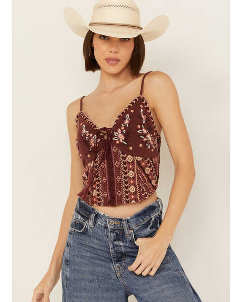 Image #1 - Shyanne Women's Lace Front Embroidered Corset Top , Brown, hi-res