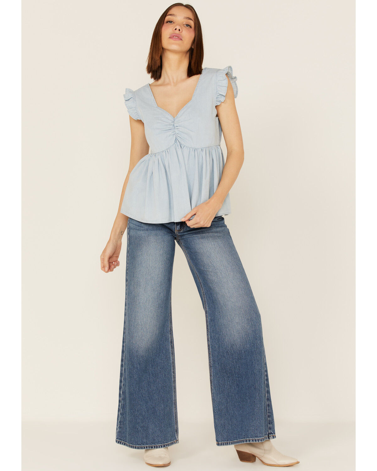 Image #2 - Molly Bracken Women's Sweetheart Flutter Sleeve Denim Top, , hi-res