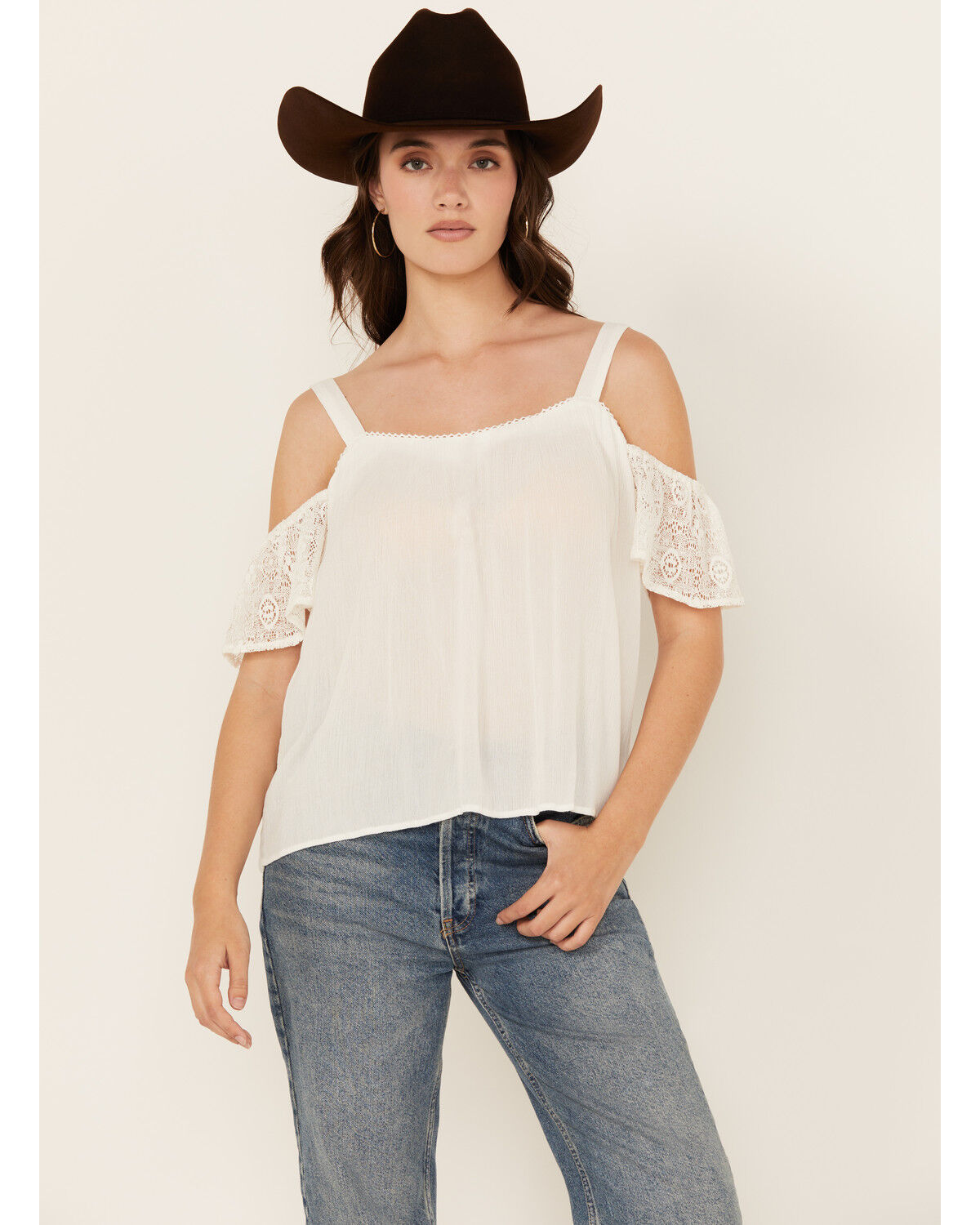 Image #1 - Jolt Women's Lace Cold Shoulder Tank, White, hi-res