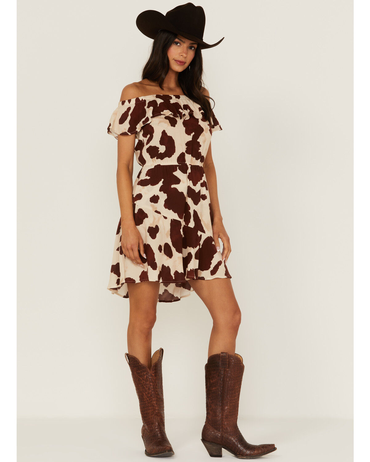 Image #3 - Idyllwind Women's Made For This Off-Shoulder Cow Print Mini Dress, Tan, hi-res