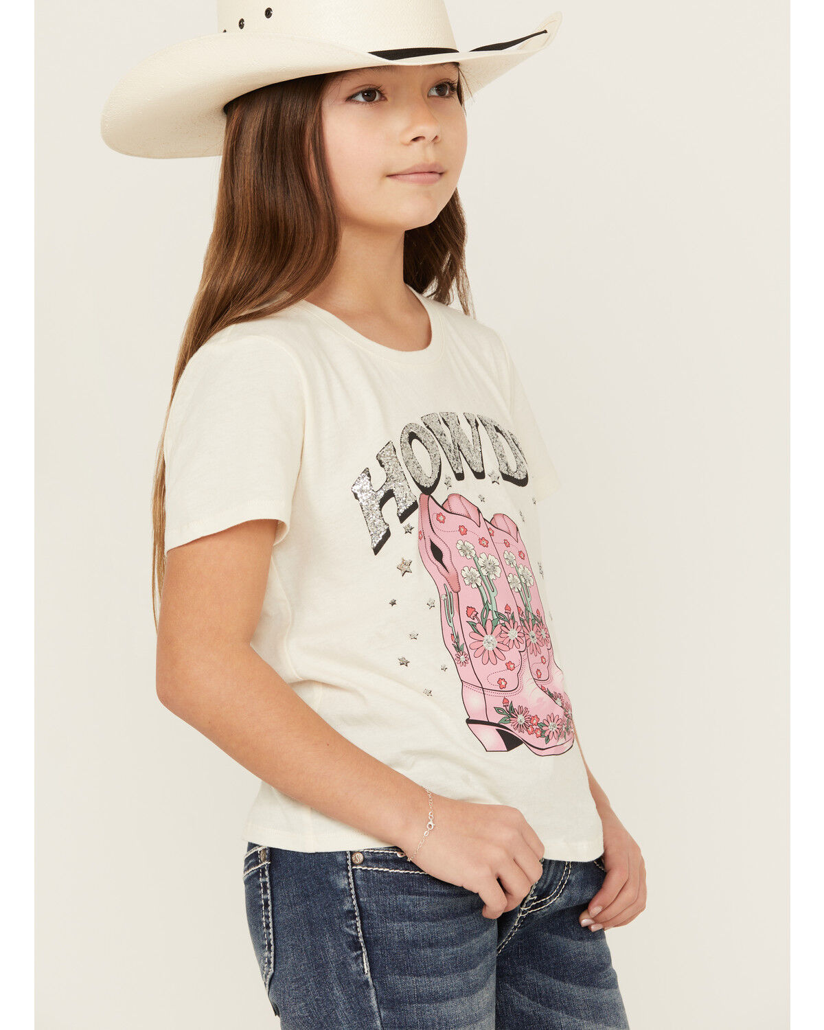 Image #2 - Self Esteem Girls' Howdy Sequin Short Sleeve Graphic Tee, Oatmeal, hi-res