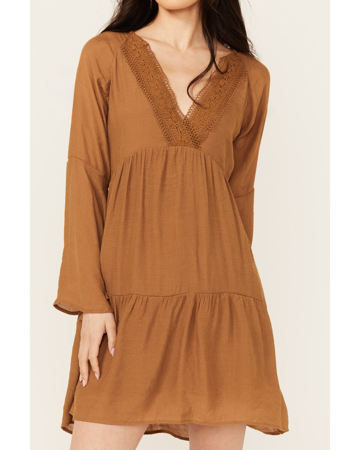 Image #3 - Wishlist Women's Lace Trim Long Sleeve Mini Dress, Cognac, hi-res