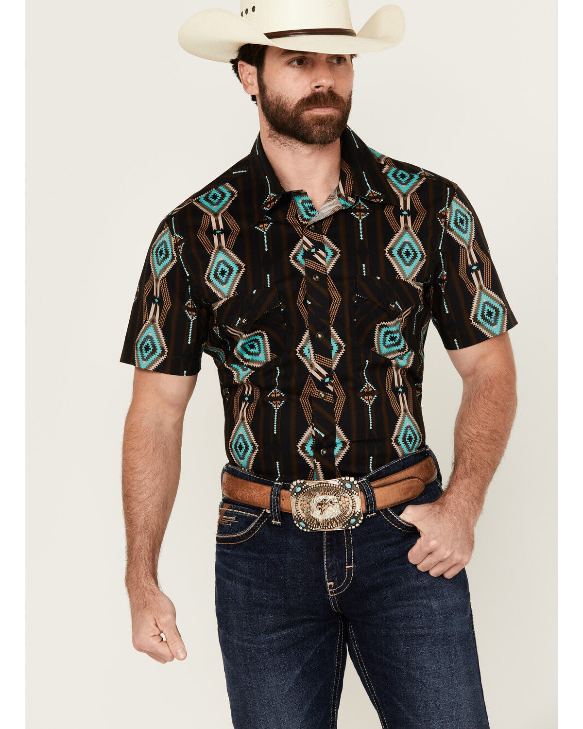 Image #1 - Rock & Roll Denim Men's Southwestern Print Short Sleeve Snap Stretch Western Shirt, Black, hi-res
