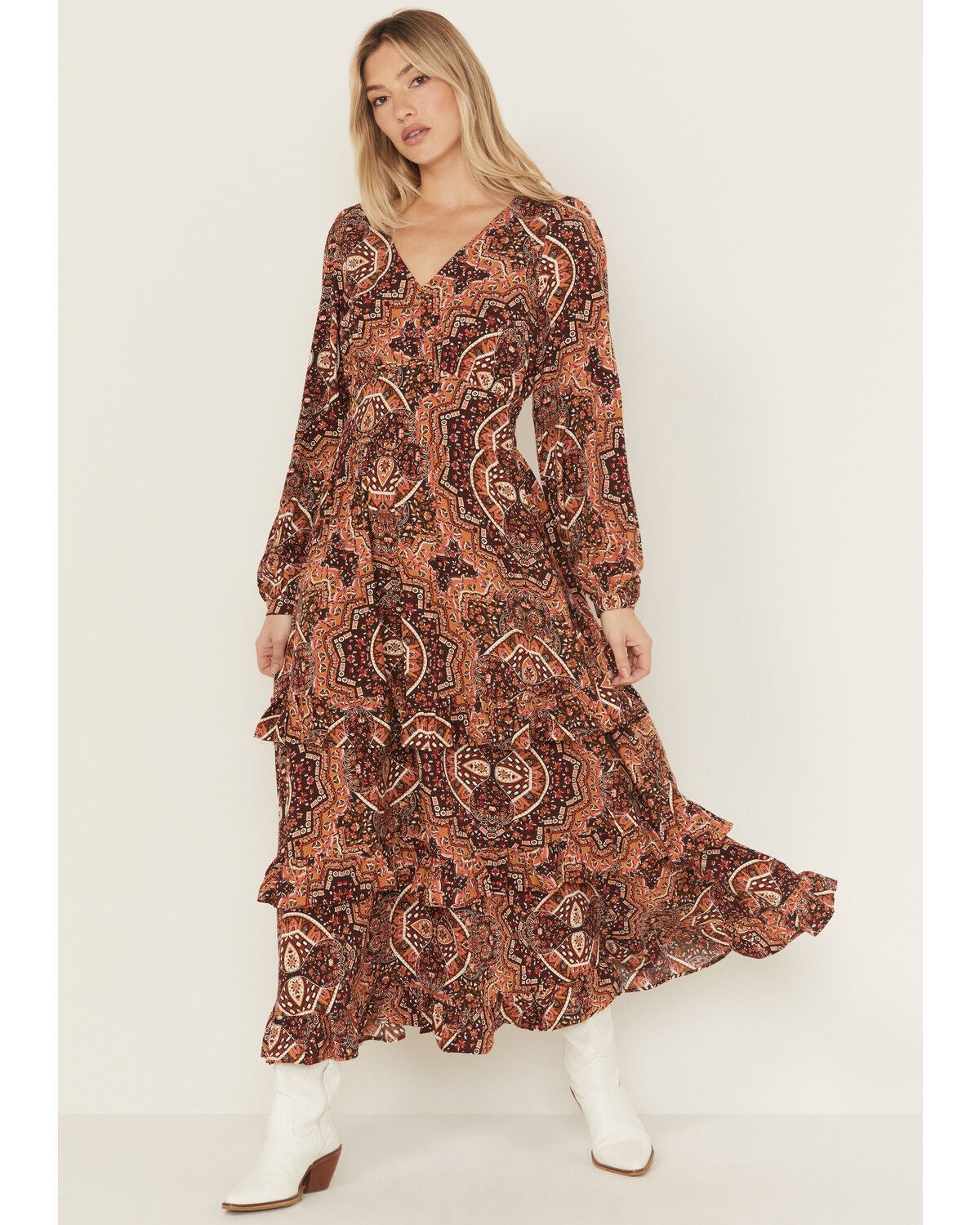 Wrangler Women's Mosaic Print Maxi Dress, Brown, hi-res