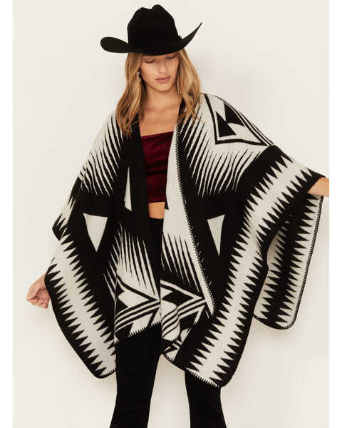 Shyanne Women's Deco Print Blanket Shawl, Black, hi-res