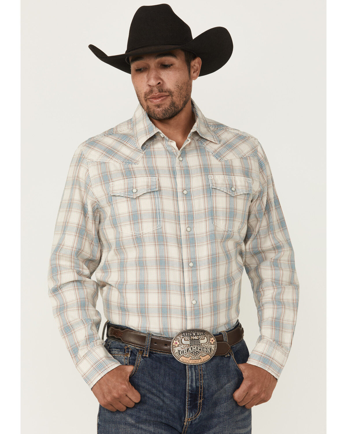 Image #1 - Wrangler Retro Men's Plaid Print Long Sleeve Snap Western Shirt, Cream, hi-res