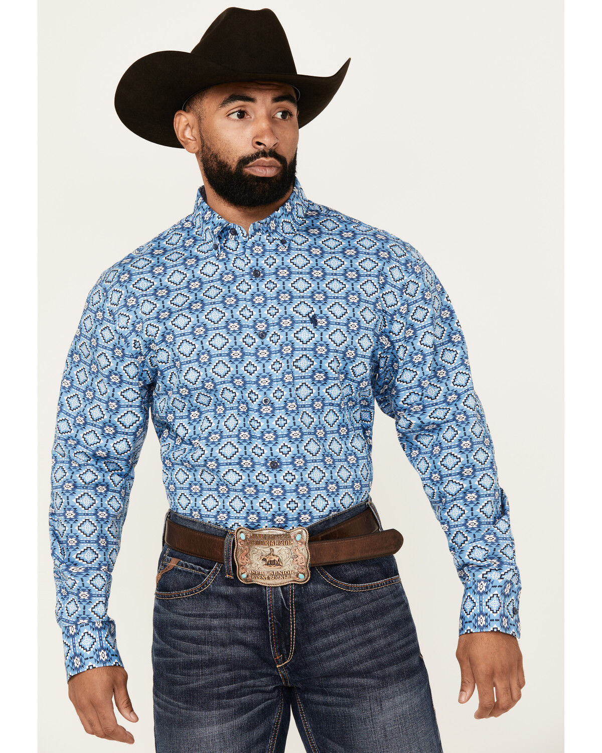 Image #1 - Rodeo Clothing Men's Southwestern Print Long Sleeve Button-Down Western Shirt, Blue, hi-res