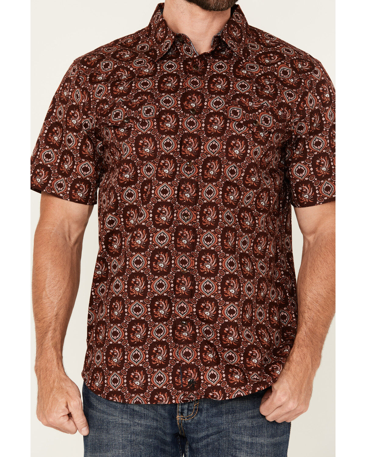 Image #3 - Moonshine Spirit Men's Gig Medallion Print Short Sleeve Snap Western Shirt, Burgundy, hi-res