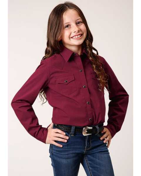 Roper Girls' Ruby Falls Solid Long Sleeve Snap Western Shirt, Wine, hi-res