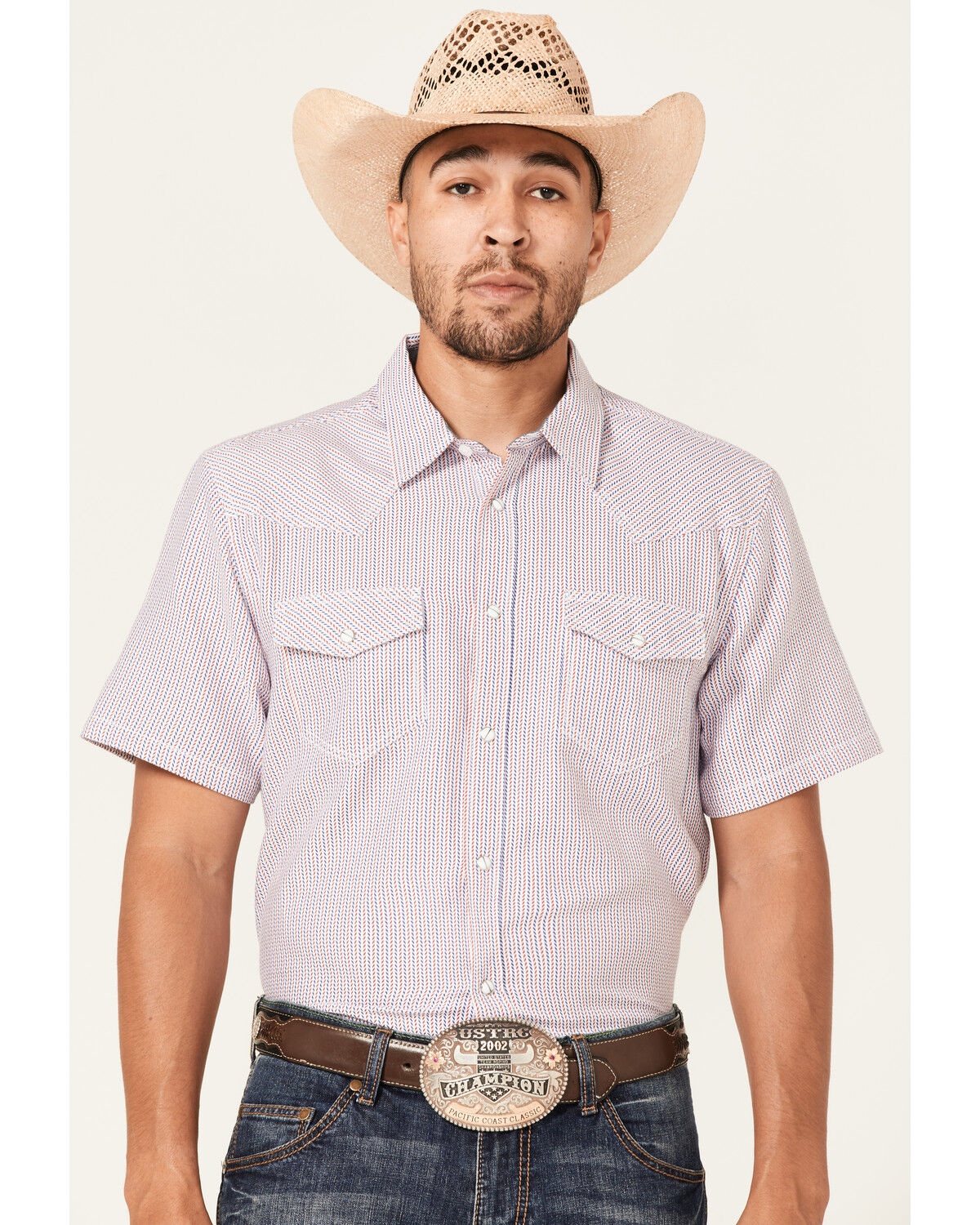 Image #1 - Cody James Men's Redfield Dobby Stripe Print Short Sleeve Snap Western Shirt, White, hi-res