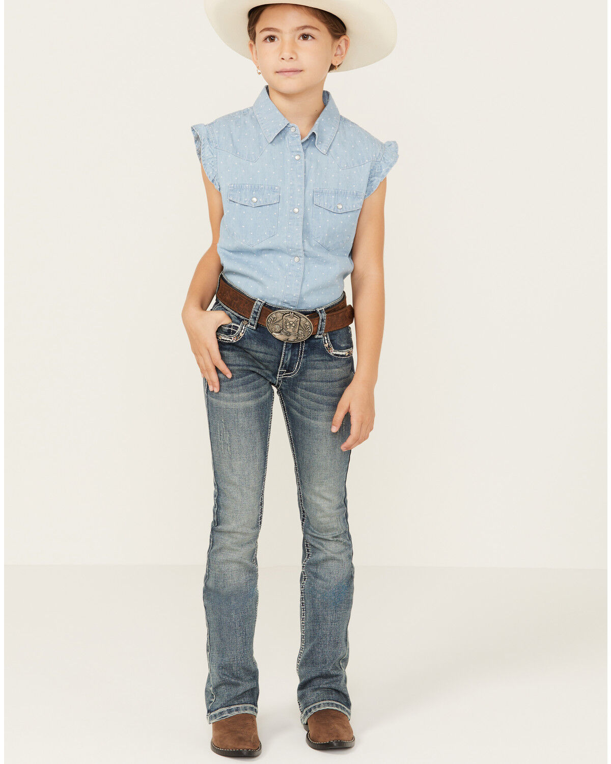 Image #3 - Shyanne Little Girls' Cowhide Steer Head Light Wash Faded Stretch Bootcut Jeans, Light Wash, hi-res