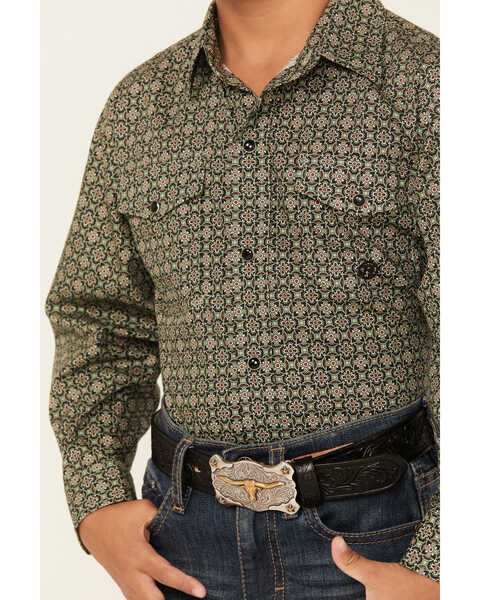 Roper Boys' Amarillo Ornate Geo Print Long Sleeve Snap Western Shirt, Green, hi-res