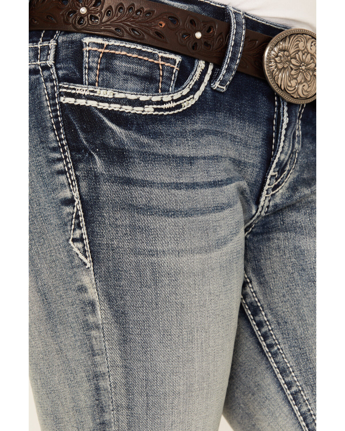 Image #4 - Grace in LA Girls' Light Wash Horseshoe Floral Bootcut Denim Jeans, Light Wash, hi-res