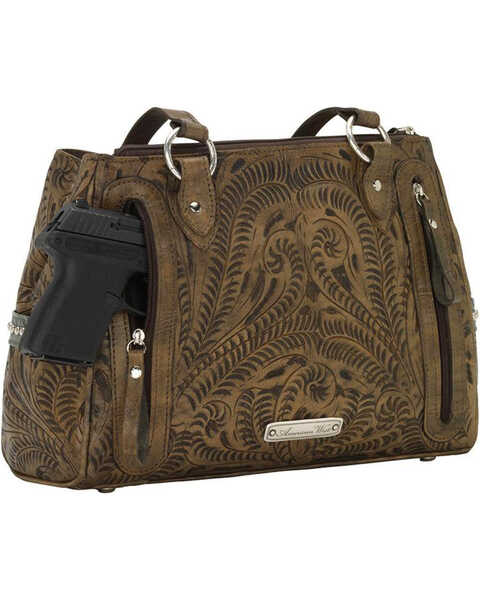 Image #2 - American West Women's Hand Tooled Concealed Carry Multi-Compartment Tote, Distressed Brown, hi-res