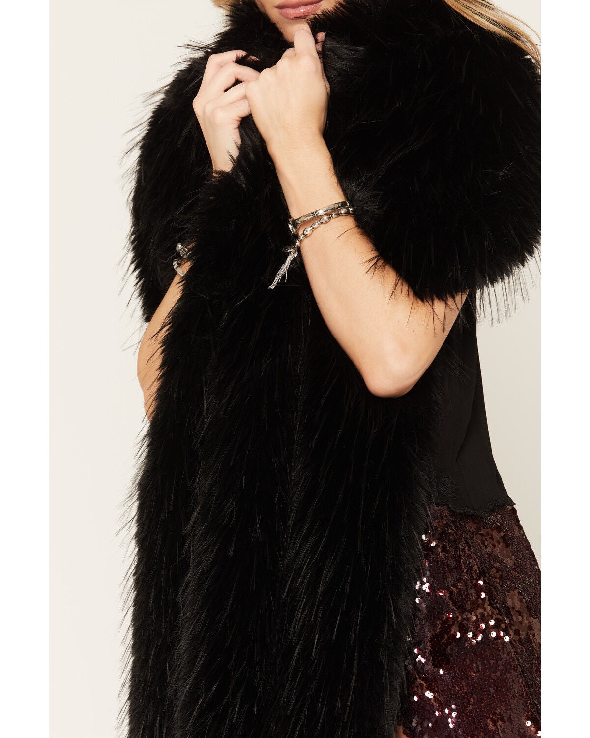 Image #3 - Azalea Wang Women's Starlet Faux Fur Wrap, Black, hi-res