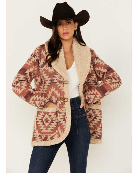 Cotton & Rye Women's Southwestern Print Sherpa Jacket , Wine, hi-res