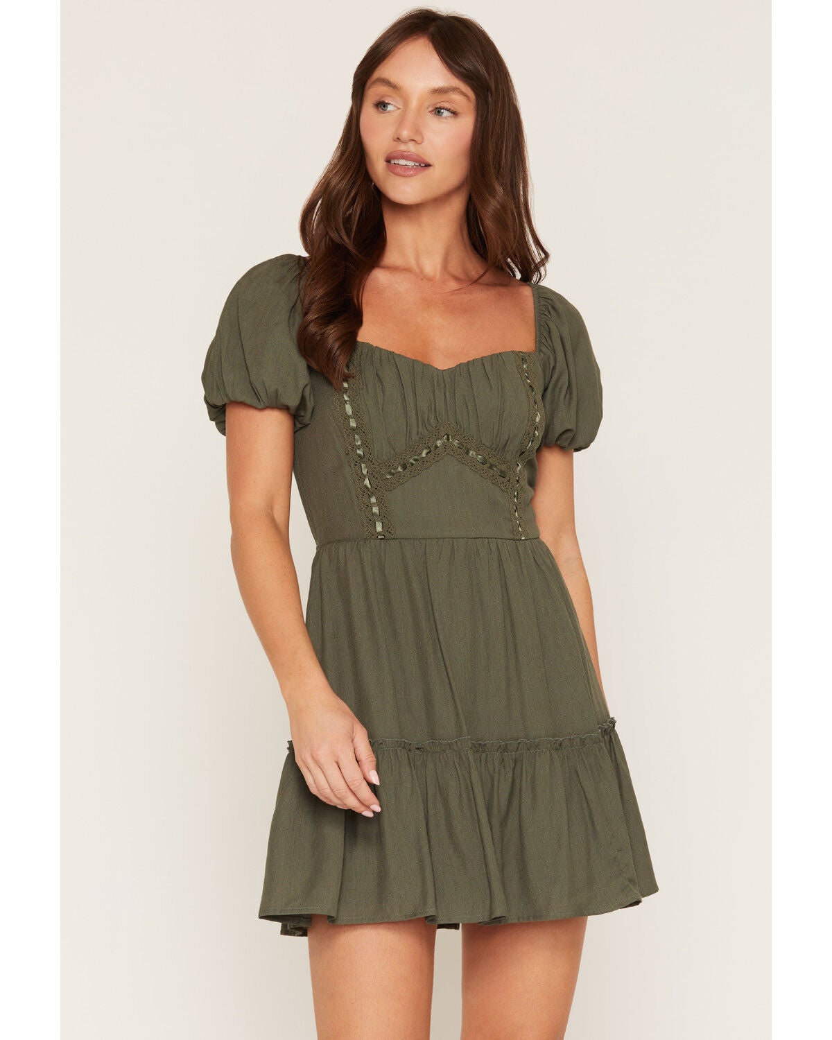 Image #1 - Trixxi Women's Ribbon Trim Short Sleeve Mini Dress, Green, hi-res