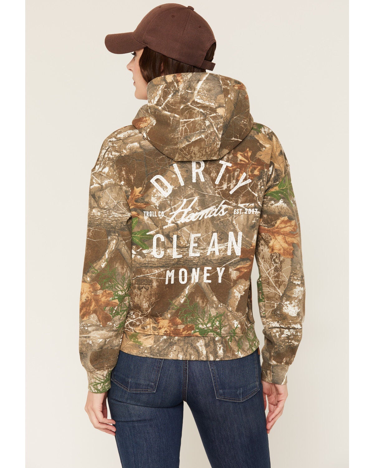 Image #1 - Troll Co Women's Juno Dirty Hands Clean Money Camo Print Hoodie, Camouflage, hi-res