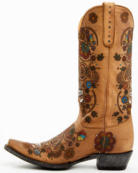 Image #3 - Old Gringo Women's Cavalier Skull & Floral Burnished Tall Western Leather Boots - Snip Toe, Beige/khaki, hi-res