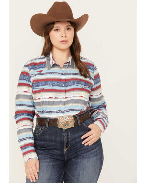 Image #1 - Roper Women's Southwestern Print Long Sleeve Snap Western Shirt - Plus, Multi, hi-res