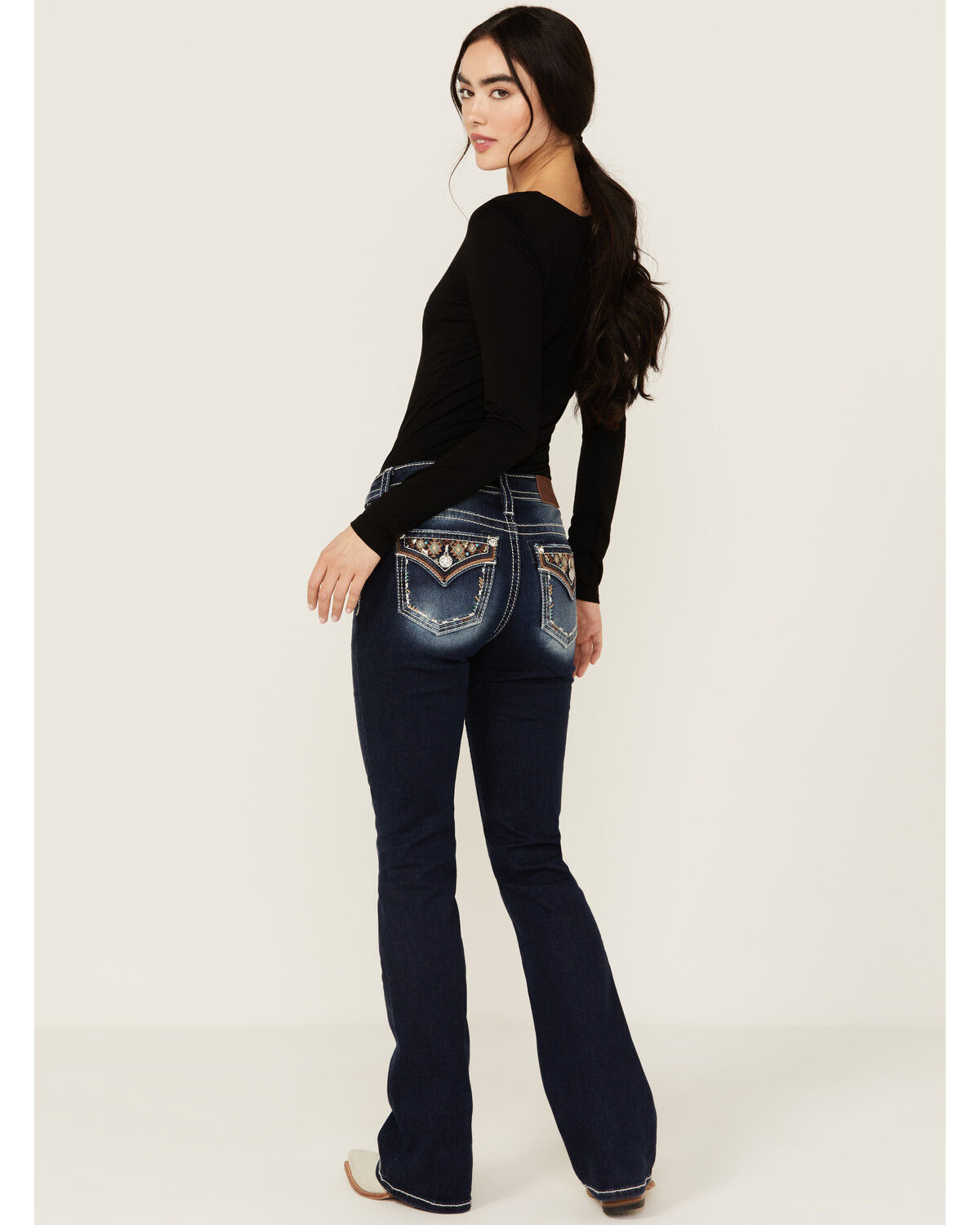 Image #1 - Miss Me Women's Dark Wash Geo Print Faux Flap Pocket Mid Rise Bootcut Denim Stretch Jeans, Dark Wash, hi-res