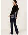 Image #1 - Miss Me Women's Dark Wash Geo Print Faux Flap Pocket Mid Rise Bootcut Denim Stretch Jeans, Dark Wash, hi-res