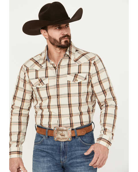 Cody James Men's Sundowner Plaid Print Long Sleeve Western Snap Shirt, Oatmeal, hi-res
