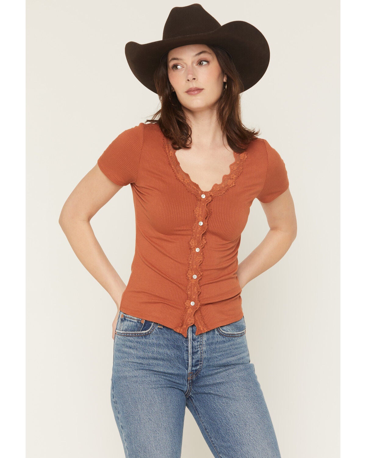Image #1 - Blue Life Women's Sunny Lace Button-Up Top, Rust Copper, hi-res