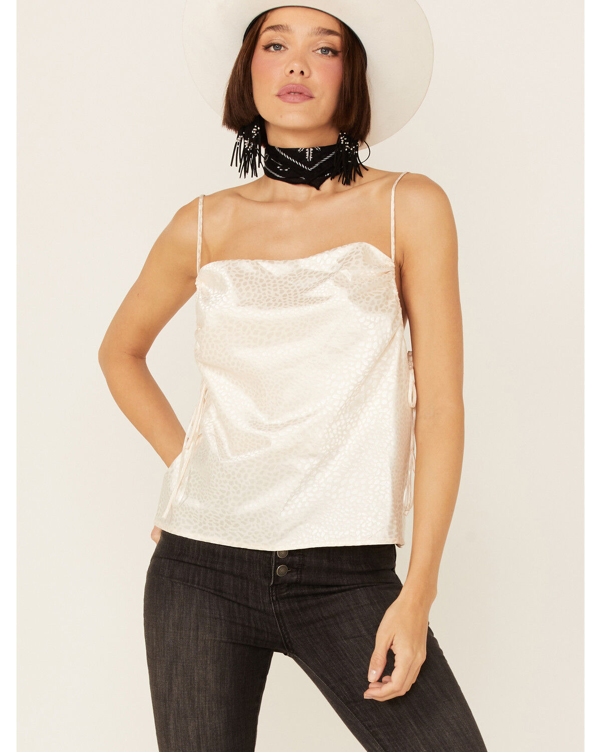 Image #1 - Lush Women's Pattern Satin Side Cinch Cami Top, Ivory, hi-res
