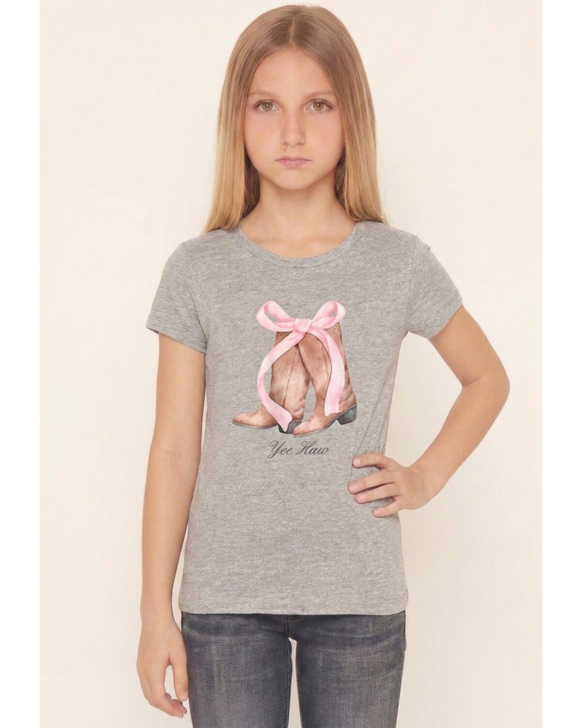 Americana Girls' Yee Haw Boots Bow Short Sleeve Graphic Tee, Multi, hi-res