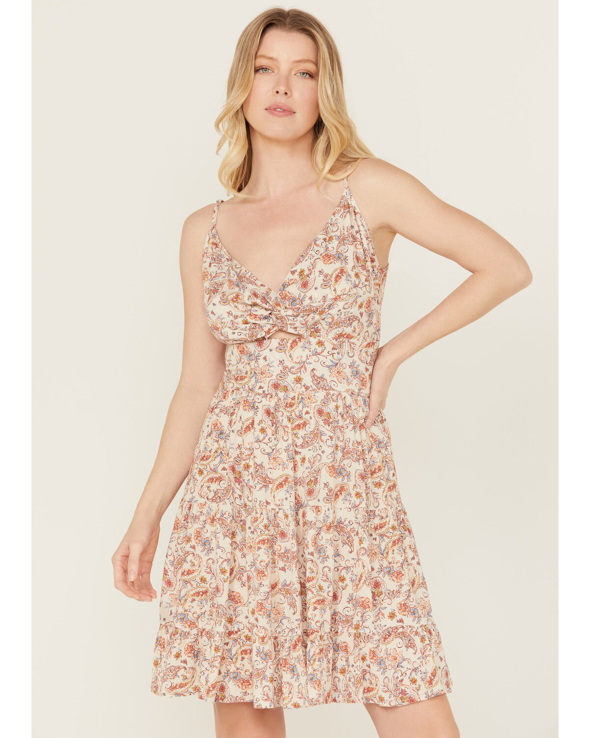 Image #1 - Wild Moss Women's Floral Print Front Knot Mini Dress, Ivory, hi-res