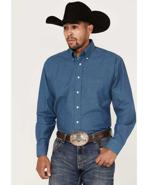 Rough Stock by Panhandle Men's Dobby Long Sleeve Button Down Western Shirt , Dark Blue, hi-res