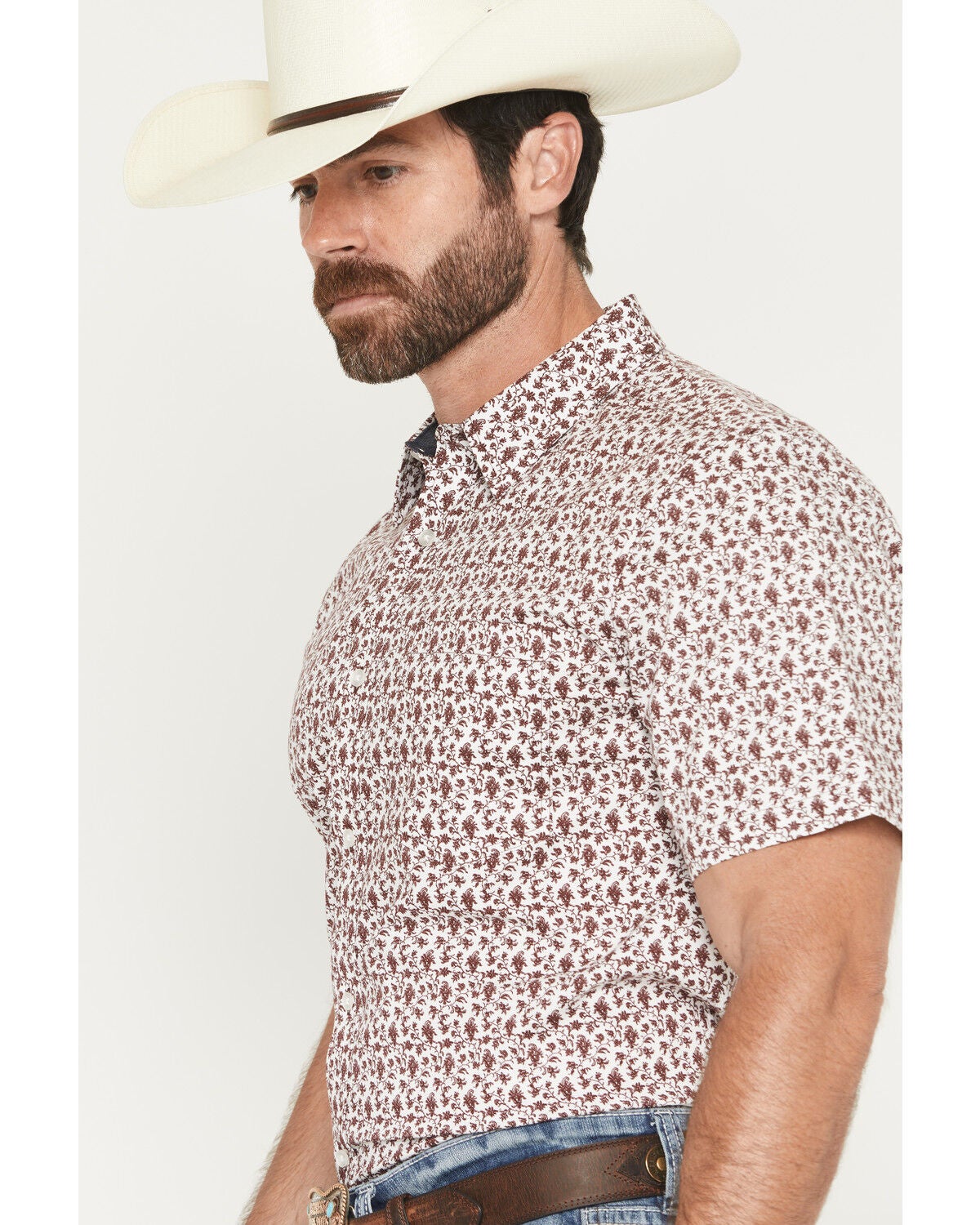 Image #2 - Cody James Men's Neon Moon Floral Print Short Sleeve Button-Down Stretch Western Shirt, Burgundy, hi-res