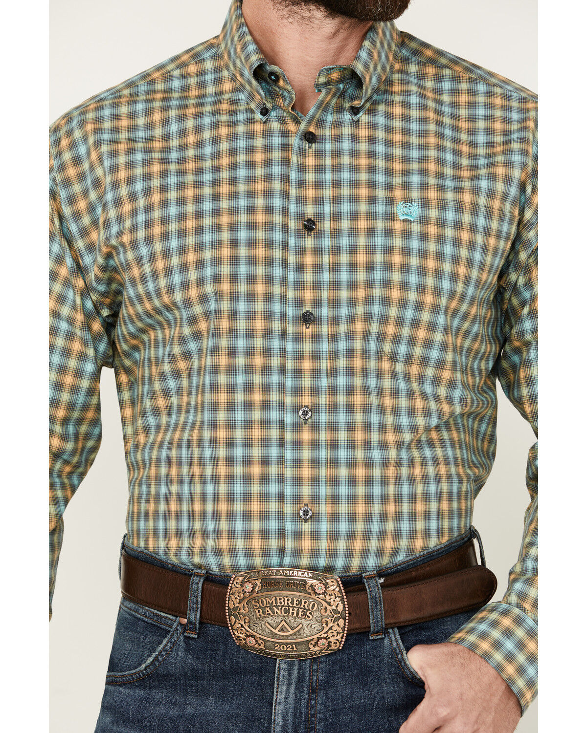 Image #3 - Cinch Men's Plaid Print Long Sleeve Button-Down Western Shirt, Turquoise, hi-res