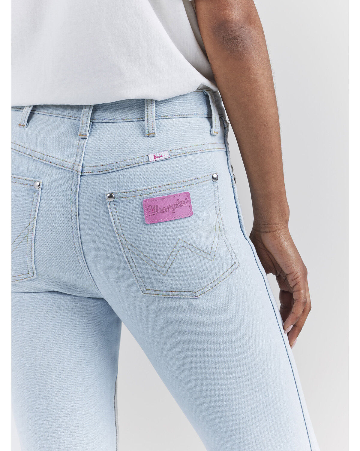 Image #6 - Wrangler® X Barbie™ Women's Light Wash High Rise Westward Pink Patch Stretch Bootcut Jeans, , hi-res
