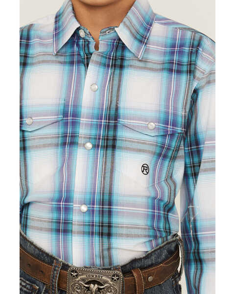 Image #3 - Roper Boys' Plaid Print Long Sleeve Pearl Snap Western Shirt, Blue, hi-res